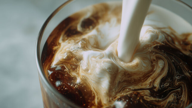 Hypnotic swirling motion of cream and cold brew coffee in a crystal clear glass