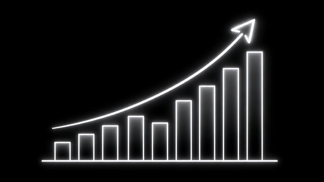 Glowing neon business growth chart, white luminous financial bar graph with upward arrow, success and profit increase concept isolated on White Background