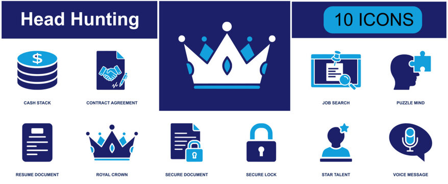 Head hunting icon set. Containing recruitment, hiring, human resources, talent, interview, search, candidate, resume, business, career and more. Solid fill vector icons collection.