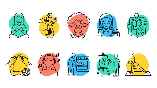 Collection of colorful line art illustrations of various human emotions