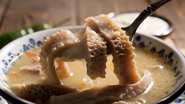 Delicious Tripe Soup Served in a Bowl with a Spoon.