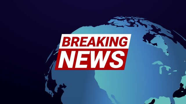 Breaking news broadcast animation with rotating globe and bold red text. Ideal for news intro, television opener, and media presentation templates.