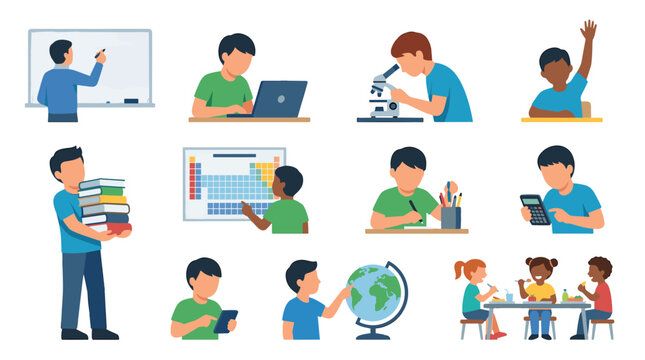 Collection of children studying and learning with books and computers