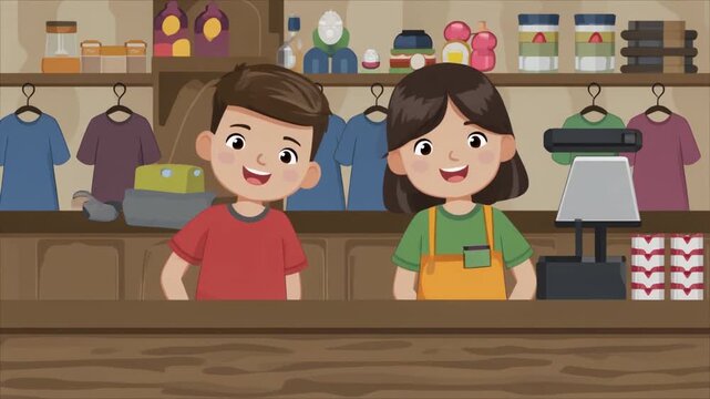 Animated young friendly baristas or cashiers at a cafe counter