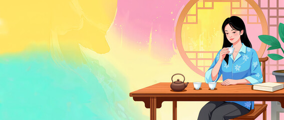 Naklejka premium Chinese woman drinking tea at wooden table in peaceful setting with soft colors. Woman enjoys tea time experience with teapot and cups, surrounded by serene atmosphere.