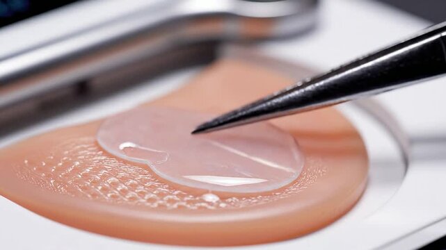 Extreme Macro Shot of a Translucent Under-Eye Patch Being Placed with a Tweezer on a Smooth Surface for Skincare Treatments