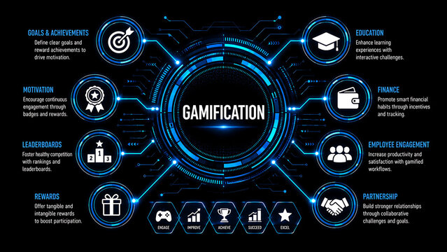 Gamification business strategy infographic, digital engagement concept with glowing blue icons, corporate motivation and reward system diagram isolated on White Background