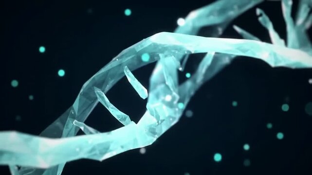 Futuristic 4K Animation of Translucent DNA Double Helix with Floating Particles on Dark Background