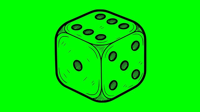 hand drawn style game dice loop animation featuring black fill lines over a chroma key green screen background for video editing and production
