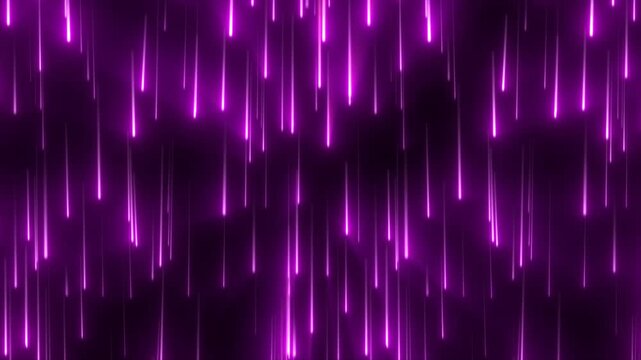 Minimal abstract scene with purple neon light streaks falling through a dark space with soft glowing highlights