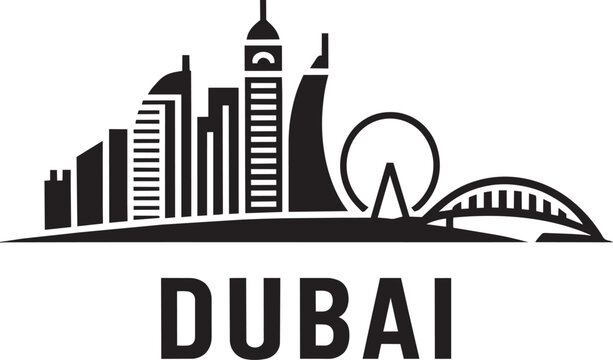 Dubai skyline cityscape with iconic landmarks and city name in bold text and artistic view, and logo