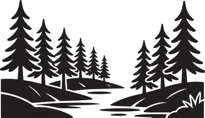 Fototapeta premium Stylized forest landscape with pine trees, rolling hills and a flowing river scene, vector illustration