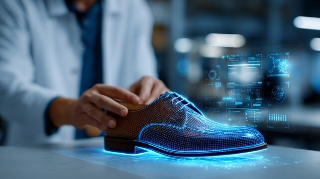 Designer in lab coat interacts with futuristic holographic shoe prototype, blending traditional craftsmanship with advanced digital technology. Innovative shoe design meets virtual reality concepts