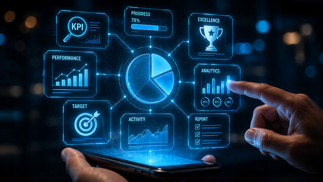 Futuristic business data dashboard on smartphone, digital analytics interface with KPI charts, corporate performance tracking and financial report isolated on White Background