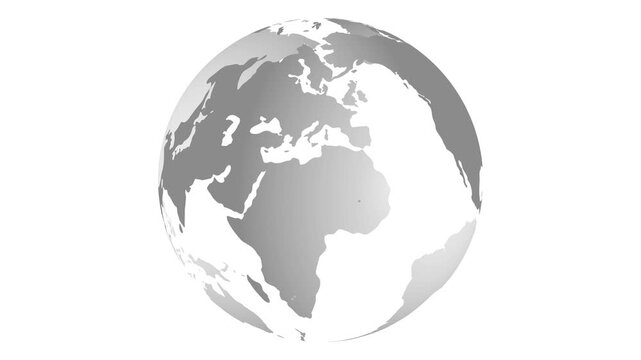 Seamless rotating gray earth globe on white background. Minimal clean world map animation suitable for business, data visualization, global communication and modern presentation.