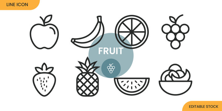 Set of eight fruit line featuring apple banana orange slice grapes strawberry pineapple watermelon slice and fruit salad bowl for healthy food