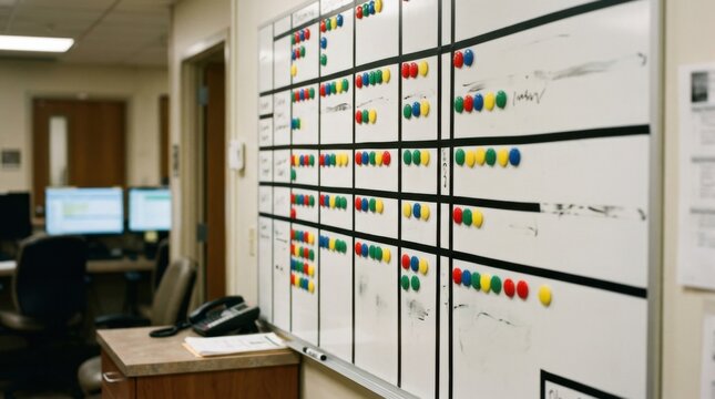 Medium shot of a whiteboard wall featuring colorcoded magnets for tracking incoming and outgoing organs main board in sharp focus with blurred background details.