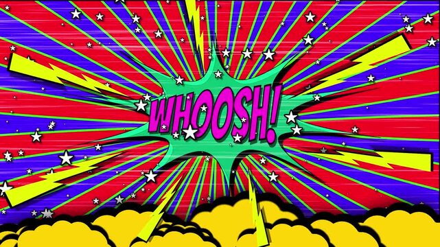 Dynamic Comic Book Style Animation Featuring A Bold Pink Whoosh! Text Explosion Against A Radiating Sunburst Background Of Red, Blue, And Green Rays. This High-energy Pop Art Graphic Includes Yellow L