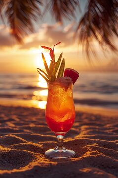 Tropical sunset cocktail on beach with exotic fruit garnish