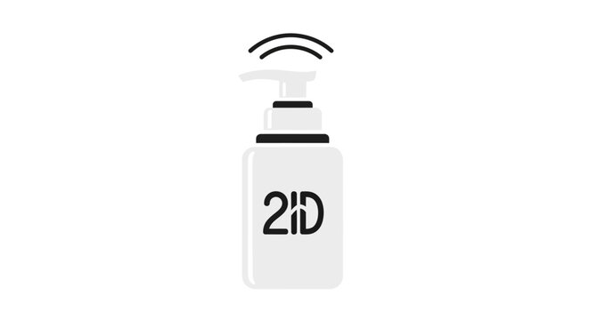 Hand sanitizer pump bottle with '2D' text and sanitizing waves, hygiene product for virus protection isolated white background.