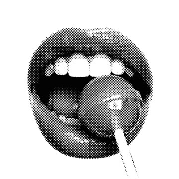 open mouth with lollipop, female lips retro y2k halftone art, stipple effect vintage collage element