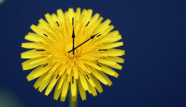 Dandelion flower with watch face, clock hands on blue background   