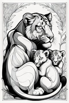 Stylized black and white vector art of a protective lioness sitting closely with her two small cubs within an ornate border