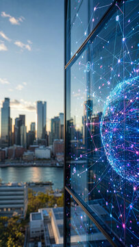Cityscape with Digital Network Visualization Reflected on Glass Building