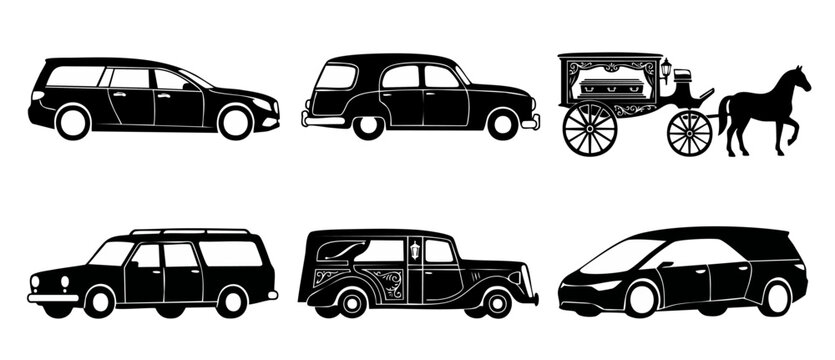 Hearse car and funeral carriage icon set, black silhouette collection for funeral service, mortuary transport, memorial symbols, vintage and modern burial vehicle illustrations isolated on white backg