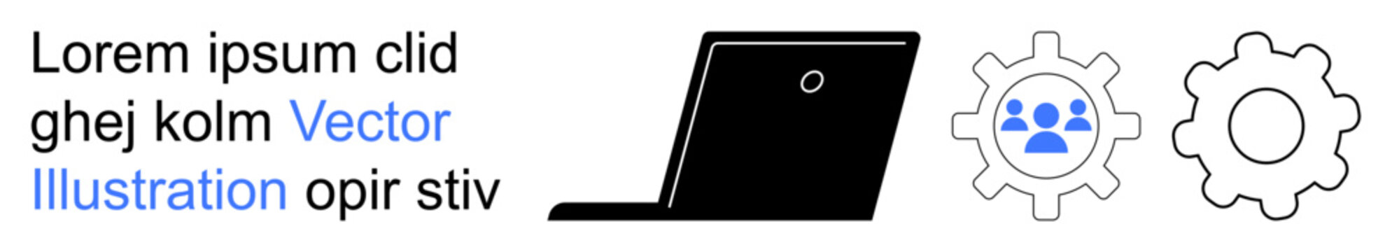 Teamwork, productivity, technology, collaboration, software integration, business planning. A black laptop next to gear icons with user symbols. Technology and teamwork concept for productivity