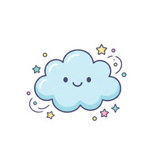 Fototapeta premium Smiling pastel blue kawaii cloud surrounded by colorful stars and sparkles, cute cartoon illustration for nursery, kids decor, stickers and printables