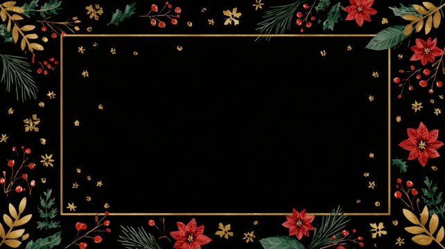 黒い背景に赤いポインセチアとゴールドの葉が飾られたフレーム。クリスマスや冬の季節のカードや招待状に使えるデザイン。