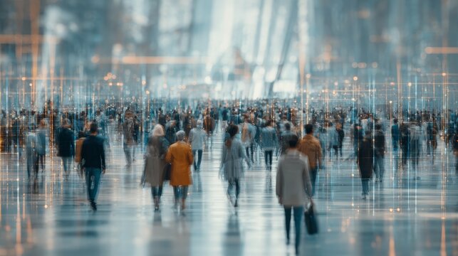 A large crowd of people walks through a modern urban environment, symbolizing digital connectivity and the fast pace of city life. Futuristic data overlays enhance the dynamic scene