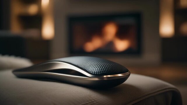 Close-up of wireless computer mouse on couch in living room