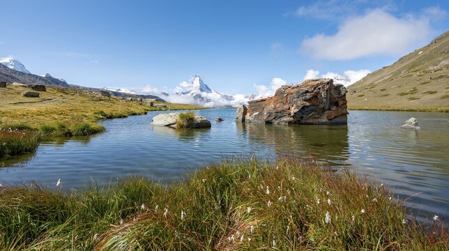 Lake Stellisee and snow-covered Matterhorn, 5 lakes hiking trail, zermatt, Valais, Switzerland