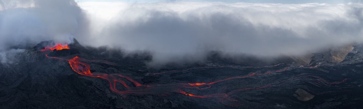 Aerial view, erupting volcano with lava fountains and lava field, crater with erupting lava and lava flow, Fagradalsfjall, Reykjanes Peninsula, Iceland