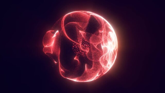Abstract red glowing sphere with flowing particle shell and dark textured core on a dramatic cosmic background