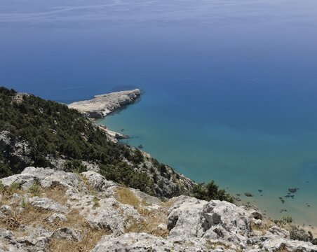 Overlooking the beach and the bay of Tsambikas, Iera Moni Panagias Tsambikas Kyras, Rhodes, Greece, Europe