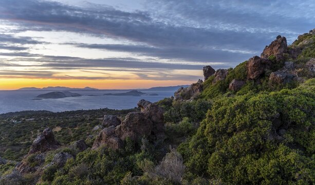 Sunset over the sea, landscape with macchia, in the back islands Gyali and Kos, Nisyros, Dodecanese, Greece