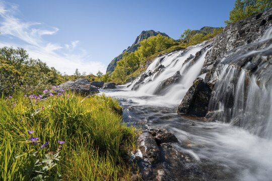 Waterfall near Sorvagen, mountain landscape with river, Moskenes&ouml;y, Lofoten, Nordland, Norway