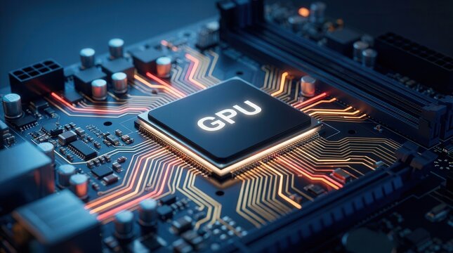 A detailed view of a GPU chip and motherboard components used in modern gaming technology.