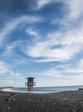 Watch tower on the beach, red flag, Tazacorte, La Palma, Canary Islands, Spain