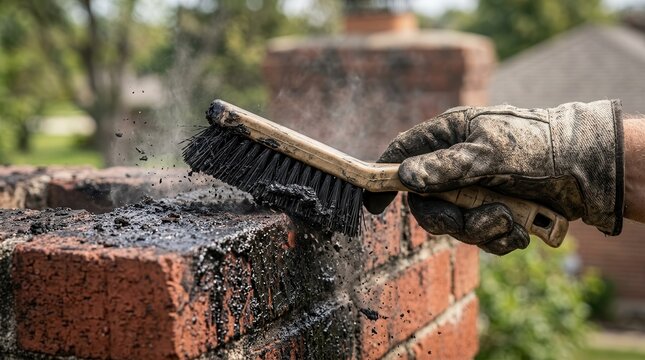 Removing dark creosote buildup from brickwork using a cleaning brush and protective gloves.