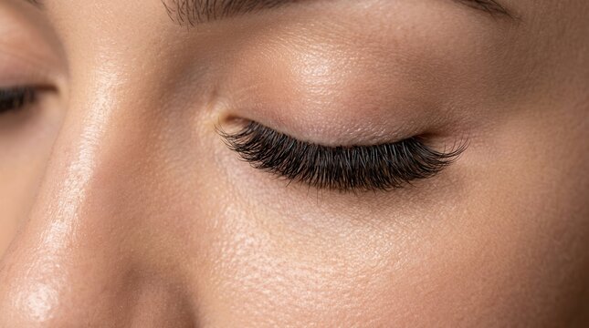 Macro shot of long lash cluster extensions demonstrating curl and salon technique.