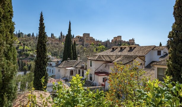 Alhambra on the Sabikah hill, Moorish city castle, Nasrid palaces, Palace of Charles the Fifth, Granada, Andalusia, Spain