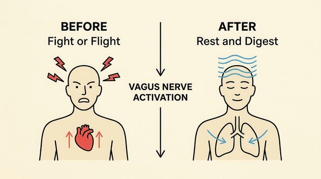 Medical diagram of vagus nerve activation explaining the shift from fight or flight to rest and digest.