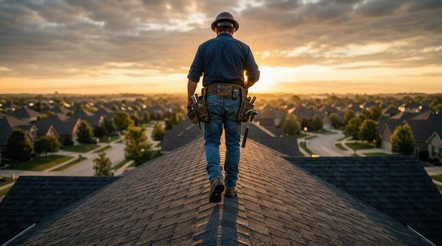 Skilled contractor performing roof repair and inspection on asphalt shingles with a tool belt.