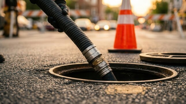 A flexible inspection hose entering a street sewer manhole for professional pipeline inspection.