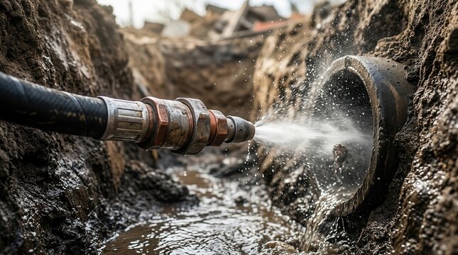 Excavated sewer line undergoing hydro jetting service to remove debris and blockages.
