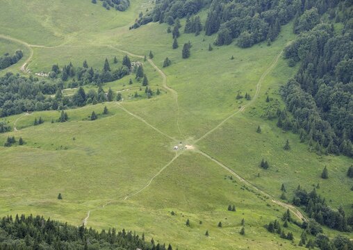 Road junctions near Sadlo Medziholie Pass, hiking Velky Rozsutec Mountain, 1609m, Mala Fatra National Park, Slovakia, Europe